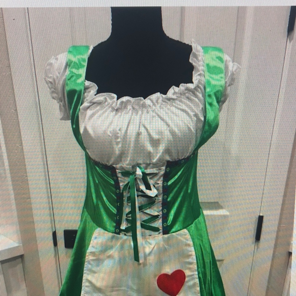 Green & White Peasant Bodice Dress with Red Heart Accent